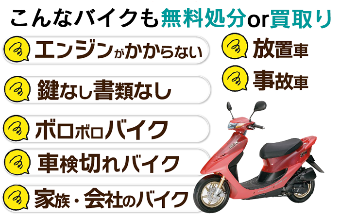 栃木県足利市のバイク廃車、すべて無料で出来ます！エンジンがかからない、鍵なし書類なし、放置車、事故車、ボロボロのバイク、車検切れバイク、家族のバイク、会社のバイク、すべて無料で処分できます！