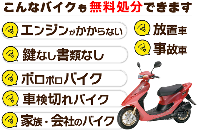 栃木県栃木市のバイク廃車、すべて無料で出来ます！エンジンがかからない、鍵なし書類なし、放置車、事故車、ボロボロのバイク、車検切れバイク、家族のバイク、会社のバイク、すべて無料で処分できます！